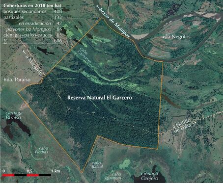 Foto-mapa de la RNG, áreas estimadas medidas sobre la imagen. Imagen Google Earth de 16.01.19